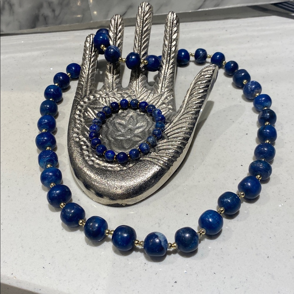 Blue lapis lazuli beaded with gold accents Bracelet & necklace
